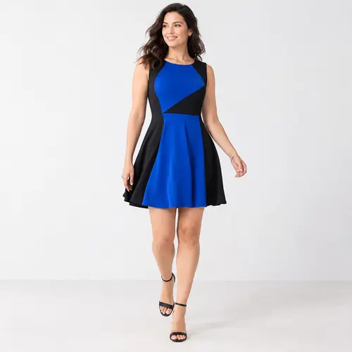 Royal blue and black diagonal colour-block mini dress Royal blue and black diagonal colour-block fit-and-flare mini dress, sleeveless, plain background