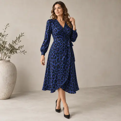 Royal blue and black leopard print wrap dress Royal blue and black leopard-print wrap dress with long sleeves and a tulip hem