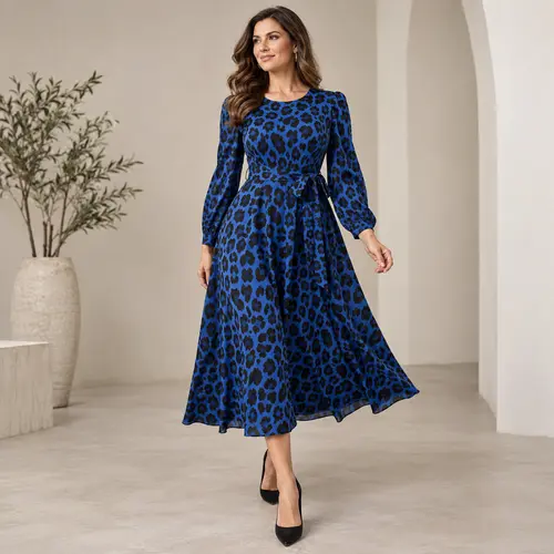 Royal blue and black leopard print A-line dress Royal blue and black leopard-print A-line midi dress with long sleeves and a tie waist