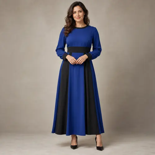 Navy blue and black ankle-length colour-block dress Navy blue and black colour-block ankle-length dress with long sleeves and a wide black waistband, neutral background