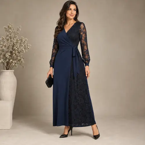 Navy and black lace wrap ankle-length dress Navy and black lace wrap ankle-length dress with long sleeves, neutral background
