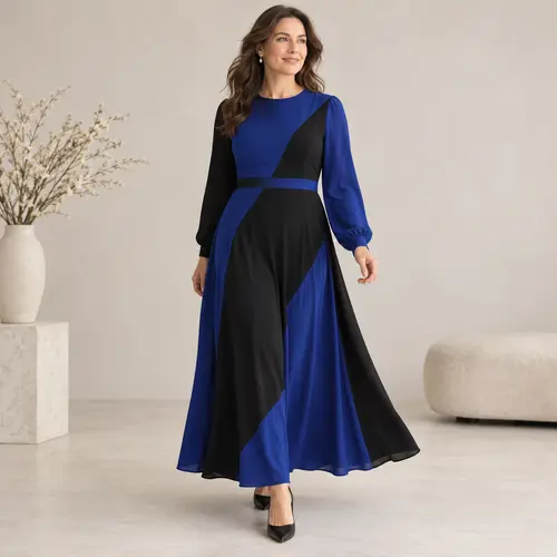 Royal blue and black asymmetric ankle-length dress Royal blue and black asymmetric colour-block ankle-length dress with long sleeves, neutral background