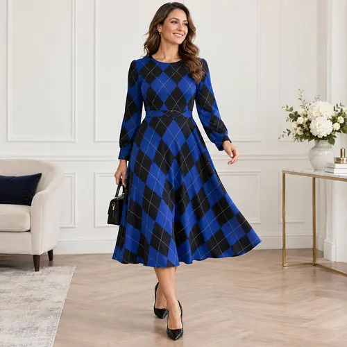 Royal blue and black argyle A-line dress Royal blue and black argyle-print A-line dress with long sleeves and a tie waist, living room setting