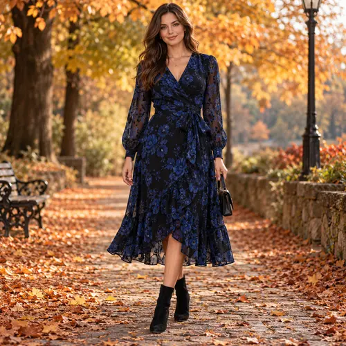 Autumn blue and black floral midi dress Blue and black floral midi dress with long sheer sleeves on a path covered in autumn leaves