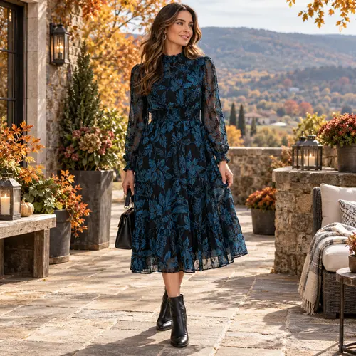 Autumn blue and black floral midi dress Blue and black floral midi dress with long sleeves on a stone terrace overlooking autumn hills
