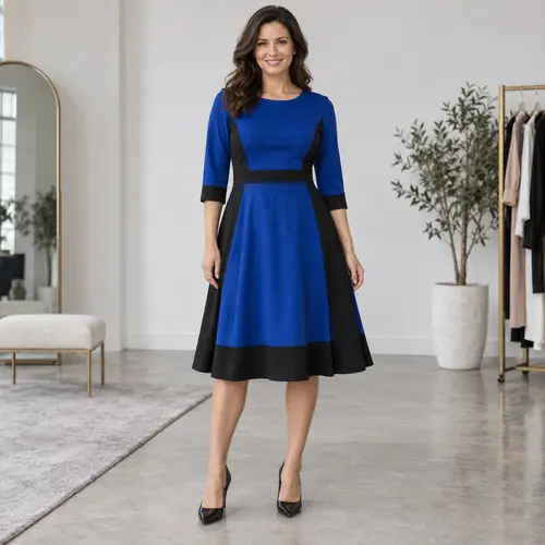 Royal blue and black colour-block A-line dress with a black waistband and three-quarter sleeves, boutique interior