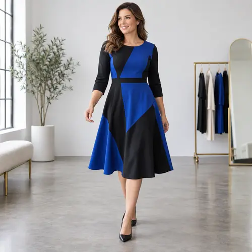 Navy blue and black diagonal colour-block A-line dress with three-quarter sleeves, boutique interior with a clothing rack