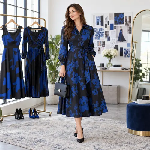 Royal blue floral shirtdress with black buttons Royal blue floral shirtdress with a black button placket and tie belt, bright styling loft with a mood board and dress rack