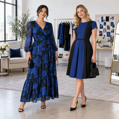 Navy floral wrap dress and royal blue colour-block dress Navy floral wrap maxi dress with black bell sleeves beside a royal blue and black colour-block fit-and-flare dress, indoor lounge setting