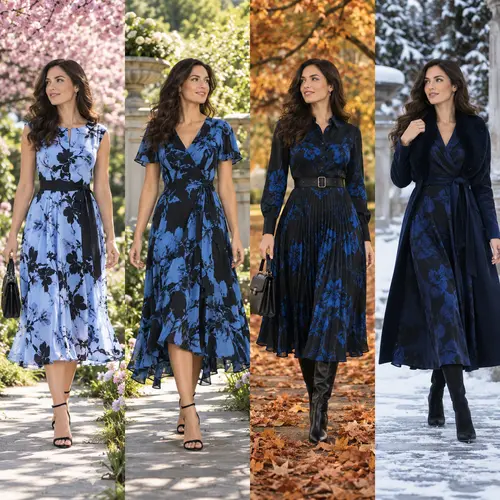 Blue and black dresses across four seasons and fabric finishes Four-panel collage: a pale blue floral dress in a spring garden, a blue and black wrap dress outdoors, a blue pleated dress with a black belt among autumn leaves, and a navy coat with black lace trim in snow