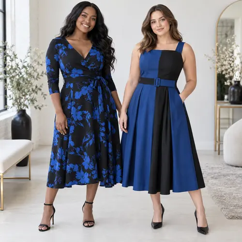 Plus-size navy floral wrap dress and colour-block dress Plus-size navy floral wrap dress with black sleeves beside a black and blue colour-block sleeveless dress with a belt