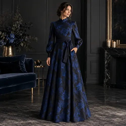 Navy blue and black floral jacquard gown Navy blue and black floral jacquard gown with a high neck, long sleeves and a tie waist, in a dark moody interior with candlelight
