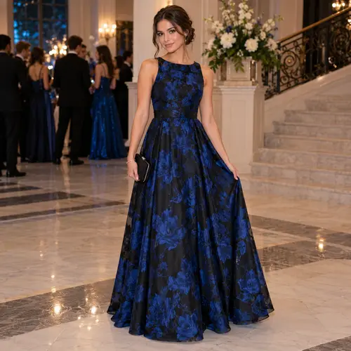 Royal blue and black floral ball gown Royal blue and black floral ball gown with a halter neckline, on a marble staircase at an evening event