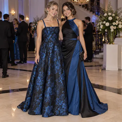 Navy blue floral gown and deep teal satin gown Navy blue and black floral A-line gown beside a deep teal and black satin halter gown, at a chandelier-lit venue