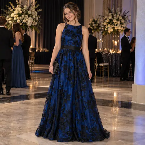 Navy blue and black lace ball gown Navy blue and black lace ball gown with a black ribbon waist, reception venue with candlelit tables