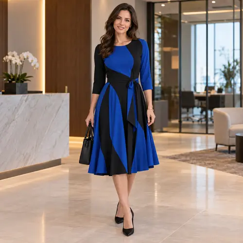 Royal blue and black business casual A-line dress Royal blue and black colour-block A-line midi dress with three-quarter sleeves and a tie waist, office lobby setting