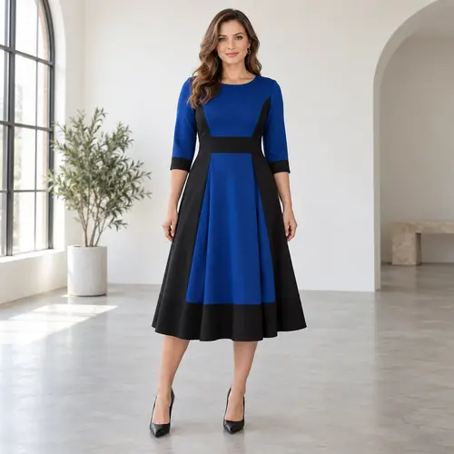 Royal blue and black calf-length colour-block dress Royal blue and black colour-block calf-length dress with a black waistband and hem band, bright loft setting