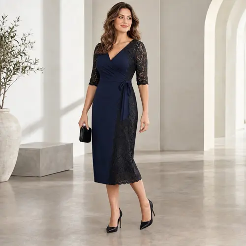Navy and black wrap dress, calf length Navy and black lace-sleeve wrap dress at calf length, boutique interior with a mirror