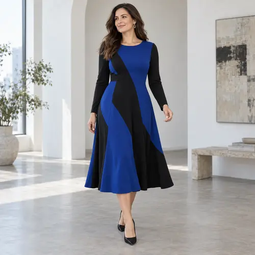 Royal blue and black calf-length dress Royal blue and black colour-block calf-length dress with a black waistband, minimalist white interior