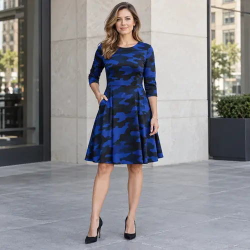 Royal blue and black camouflage print dress Royal blue and black camouflage-print fit-and-flare knee-length dress with short sleeves, urban street setting