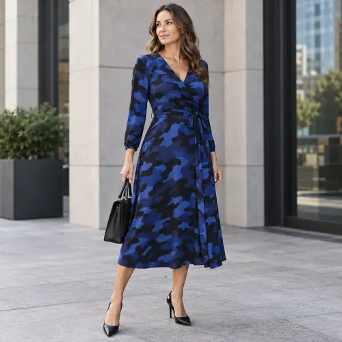 Royal blue and black camouflage wrap dress Royal blue and black camouflage-print wrap midi dress with long sleeves, urban street setting