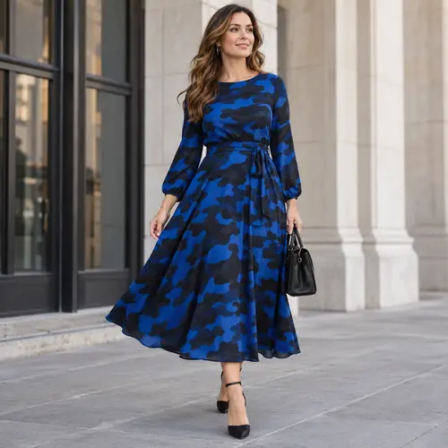 Royal blue and black camouflage A-line dress Royal blue and black camouflage-print A-line dress with long sleeves and a tie waist, urban building facade