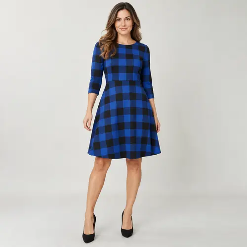 Royal blue and black checkered dress Royal blue and black buffalo-check dress, fit-and-flare knee length with three-quarter sleeves, plain background