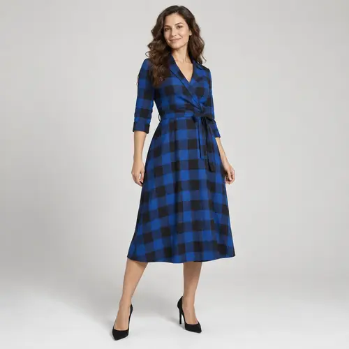 Royal blue and black checkered wrap dress Royal blue and black buffalo-check wrap midi dress with long sleeves, plain background