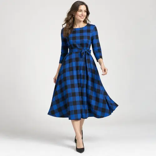 Royal blue and black checkered A-line dress Royal blue and black buffalo-check A-line dress with long sleeves and a tie waist, plain background