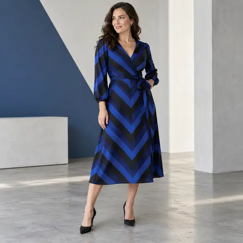 Royal blue and black chevron wrap dress Royal blue and black chevron-stripe wrap midi dress with long sleeves, geometric studio backdrop