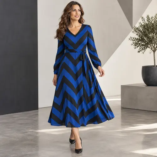 Royal blue and black chevron maxi dress Royal blue and black chevron-stripe maxi dress with long sleeves and a tie waist