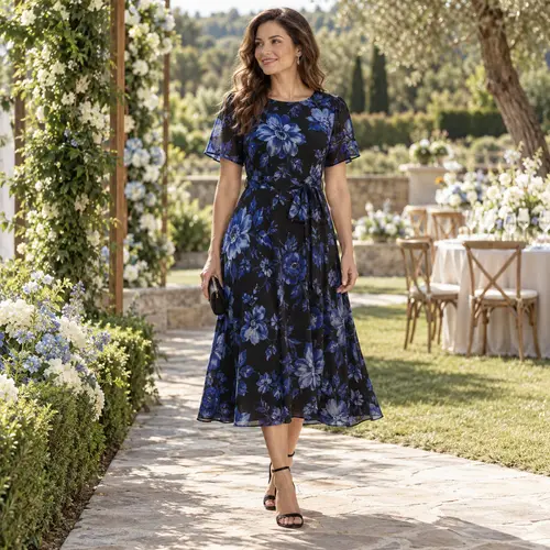 Blue and black floral wrap dress at a garden wedding Blue and black floral wrap midi dress on a garden path lined with hydrangeas, wedding reception tables in the background