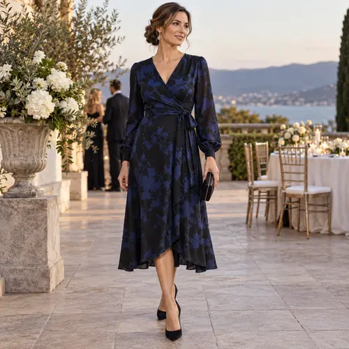 Navy floral wrap dress at a coastal wedding Navy and black floral wrap dress on a terrace overlooking the coast, wedding guests in black-tie visible behind