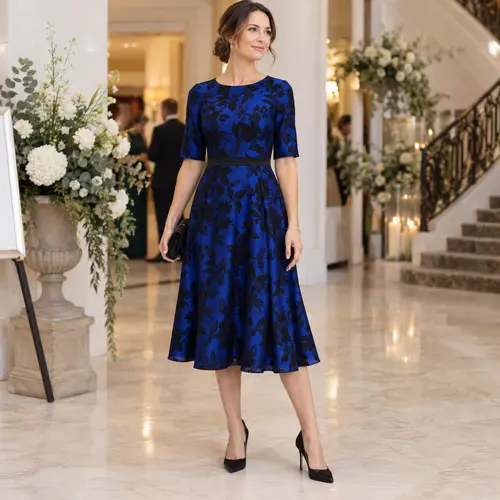 Royal blue and black floral dress in a hotel lobby Royal blue and black floral fit-and-flare midi dress in a grand hotel lobby with a staircase and floral arrangements
