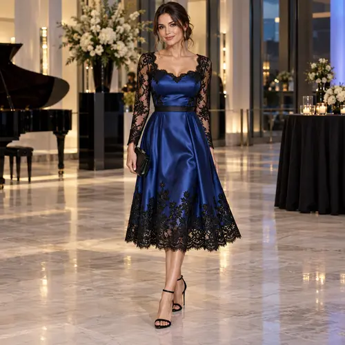 Cobalt Blue and black lace-sleeve midi dress Cobalt Blue satin midi dress with black floral lace hem and long lace sleeves, indoor evening setting