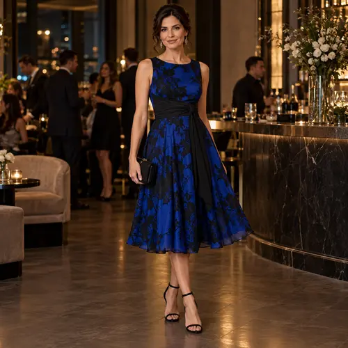 Royal blue and black floral cocktail dress, fit and flare Royal blue and black floral-print fit-and-flare knee-length dress, sleeveless, upscale bar setting