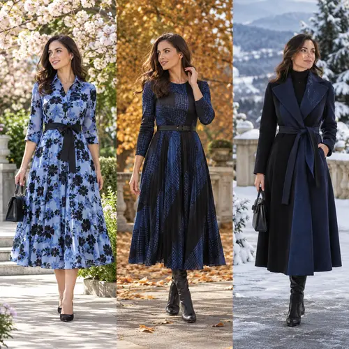 Three placement patterns across three seasons Three-panel collage of blue and black dress styles: a pale blue floral shirtdress, a textured belted dress among autumn leaves, and a long navy wool coat in snow