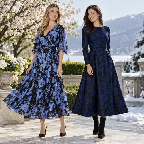 Light blue wrap maxi dress and navy blue floral gown Light blue floral wrap maxi dress beside a fitted navy blue and black floral gown, lakeside terrace setting