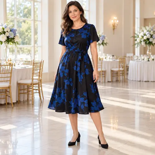 Navy blue and black floral shirt dress Navy blue and black floral shirt-style midi dress with short sleeves and a button placket, wedding reception setting