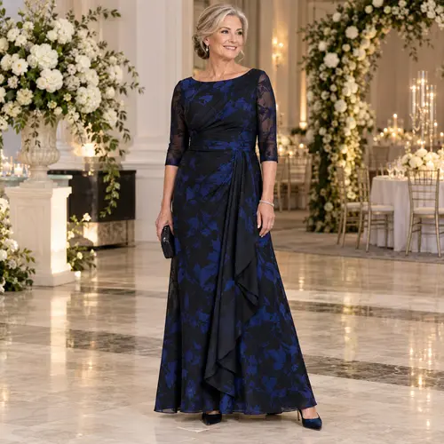 Navy blue and black floral lace gown with a draped wrap detail, grand wedding venue with a floral arch