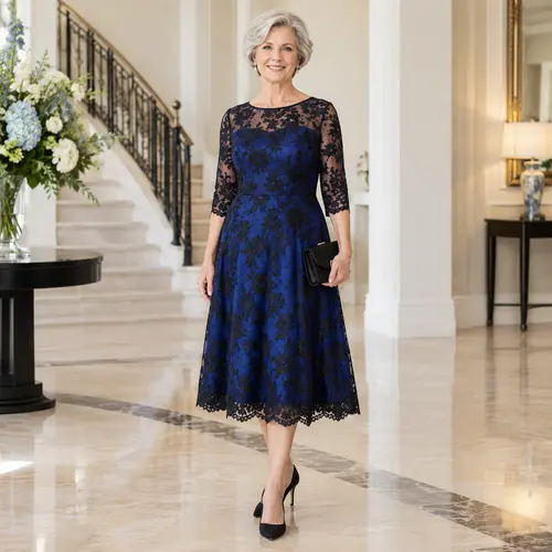 Navy blue and black floral lace tea-length dress on a grand staircase, wedding venue with candlelight