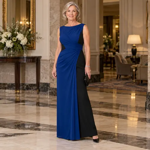 Royal blue and black colour-block gown with a draped waist, hotel lobby wedding venue