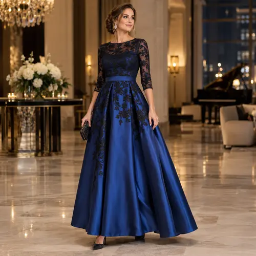 Navy blue and black evening ball gown Navy blue and black lace-bodice satin ball gown with three-quarter sleeves, hotel lobby at night