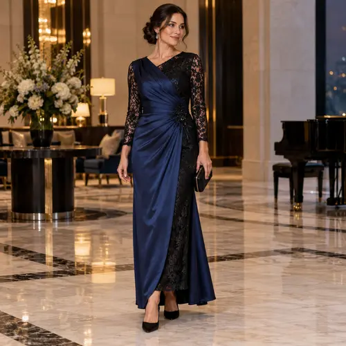 Navy and black evening wrap gown Navy and black lace wrap gown with long sleeves, hotel lobby setting with a grand piano
