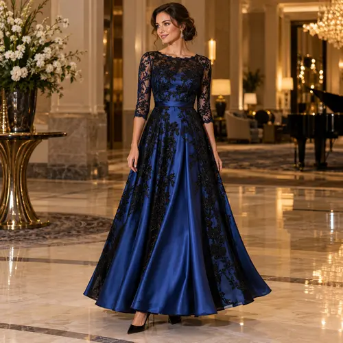 Navy blue and black lace ball gown Navy blue and black lace A-line ball gown with three-quarter sleeves, grand ballroom with chandeliers