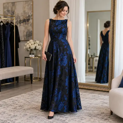 Navy blue and black floral lace floor-length gown Navy blue and black floral lace floor-length gown with a boat neckline, boutique fitting-room setting with a full-length mirror