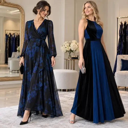 Navy blue floral wrap gown and colour-block halter gown Navy blue and black floral wrap gown beside a navy blue and black colour-block halter gown, both floor length, boutique setting