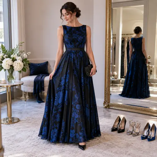 Navy blue and black lace gown with heels Navy blue and black floral lace floor-length gown with three-quarter sleeves, paired with black and silver heels on the floor beside it