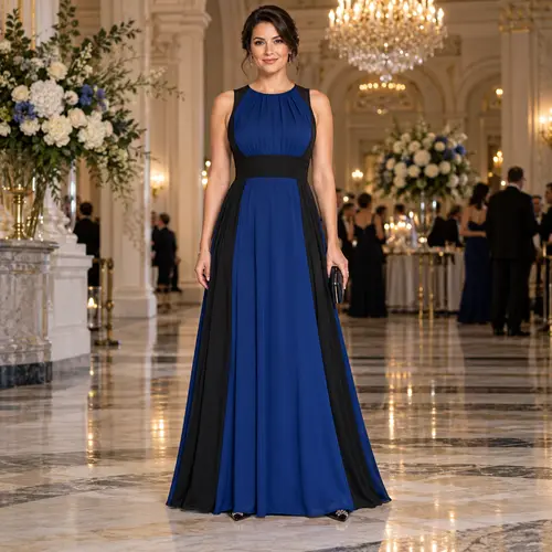 Navy blue and black floor-length colour-block gown Navy blue and black colour-block sleeveless floor-length gown with a black waistband, chandelier-lit ballroom