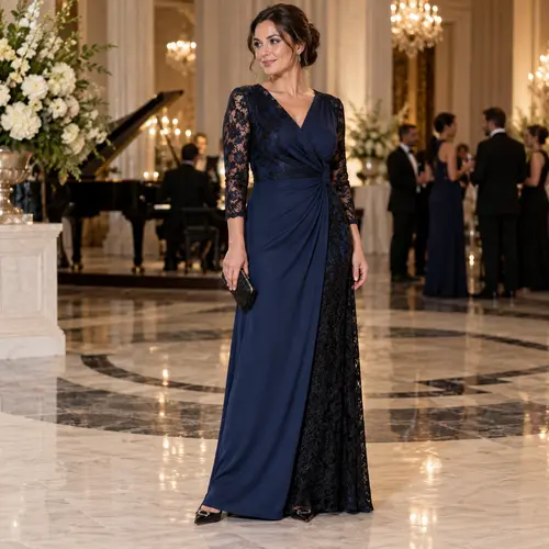 Navy and black lace wrap gown, floor length Navy and black lace long-sleeve wrap gown, floor length, ballroom setting with a grand piano